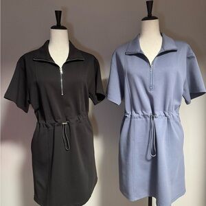 Stylish Zip-Up Dresses in Charcoal  and Blue Slate. Cinch waist to give shape
